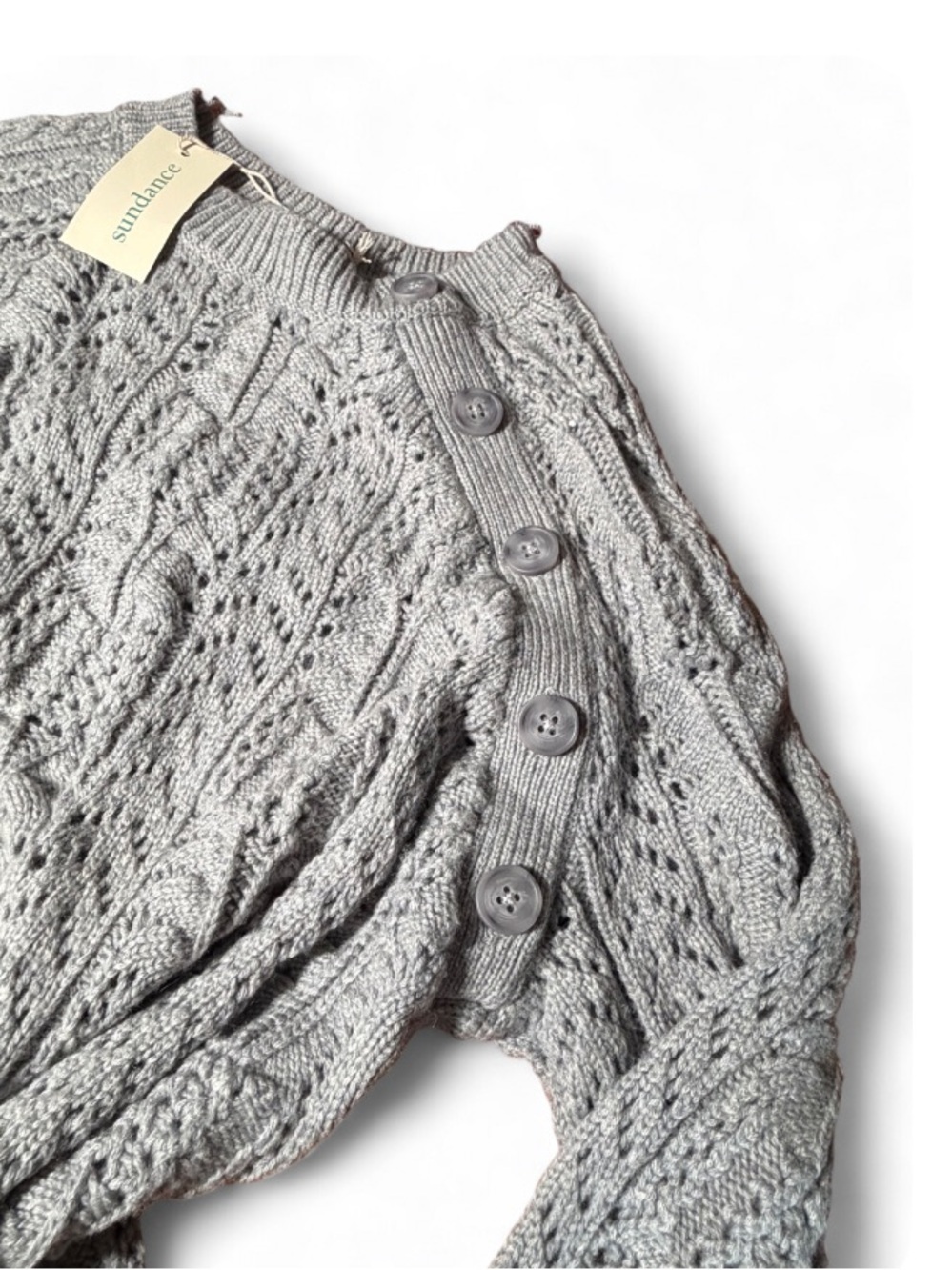 Sundance Cable Knit Sweater Dress Gray Button Shoulder Wool Blend XS NWT - Picture 2 of 4